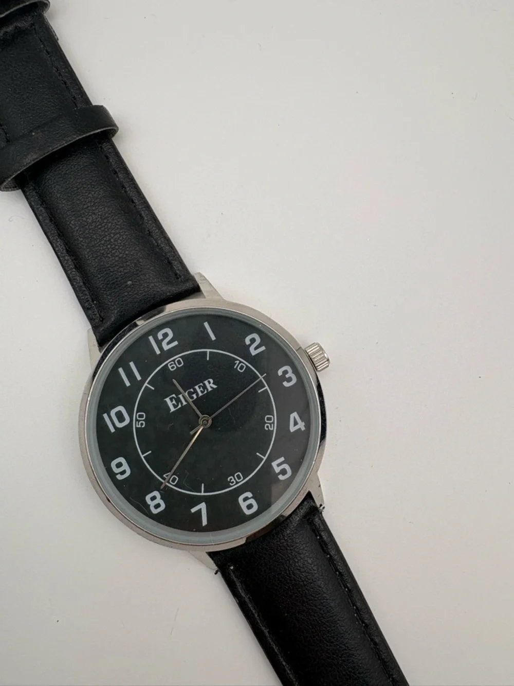 Eiger Classic Black Leather Strap Watch with Black Dial New Battery Works!